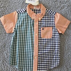 NWT Mini Wardrobes Checker Blue Green Orange Boys Button Down Shirt 18-24 Months